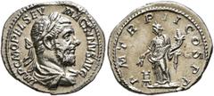 Roman Imperial Macrinus, 217-218. Denarius (Silver, 19 mm, 2.69 g, 6 h), Rome, March-June 218. IMP C M OPEL SEV MACRINVS AVG Laureate and draped bust of Macrinus to right, seen from behind. Rev. P M T