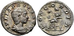 Roman Imperial Julia Paula, Augusta, 219-220. Denarius (Silver, 17 mm, 2.69 g, 11 h), Rome, 220. IVLIA PAVLA AVG Draped bust of Julia Paula to right. Rev. CONCORDIA Concordia seated left, holding pate