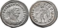 Roman Imperial Diocletian, 284-305. Follis (Silvered bronze, 26 mm, 10.69 g, 6 h), Londinium, circa 296-297. IMP C DIOCLETIANVS P F AVG Laureate and cuirassed bust of Diocletian to right. Rev. GENIO P