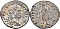 Roman Imperial Diocletian, 284-305. Follis (Silvered bronze, 25 mm, 8.87 g, 12 h), Treveri, circa 296-297. IMP DIOCLETIANVS P F AVG Laureate head of Diocletian to right; below bust, H. Rev. GENIO POPV