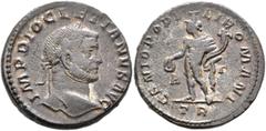 Roman Imperial Diocletian, 284-305. Follis (Silvered bronze, 25 mm, 9.99 g, 12 h), Treveri, circa 296-297. IMP DIOCLETIANVS AVG Laureate head of Diocletian to right. Rev. GENIO POPVLI ROMANI / A - Γ /