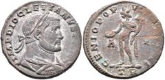 Roman Imperial Diocletian, 284-305. Follis (Silvered bronze, 26 mm, 9.81 g, 6 h), Treveri, circa 298-299. IMP DIOCLETIANVS AVG P F AVG Laureate, draped and cuirassed bust of Diocletian to right, seen 