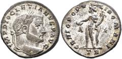 Roman Imperial Diocletian, 284-305. Follis (Silvered bronze, 27 mm, 9.50 g, 12 h), Treveri, circa 298-299. IMP DIOCLETIANVS P AVG Laureate head of Diocletian to right. Rev. GENIO POPVLI ROMANI / A - ✱