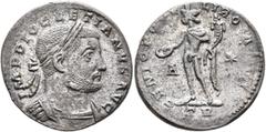 Roman Imperial Diocletian, 284-305. Follis (Silvered bronze, 26 mm, 10.75 g, 6 h), Treveri, circa 298-299. IMP DIOCLETIANVS AVG Laureate and cuirassed bust of Diocletian to right. Rev. GENIO POPVLI RO