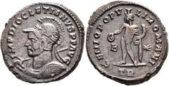Roman Imperial Diocletian, 284-305. Follis (Bronze, 26 mm, 11.68 g, 12 h), Treveri, circa 298-299. IMP DIOCLETIANVS P F AVG Laureate, helmeted and cuirassed bust of Diocletian to left, holding spear o
