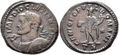 Roman Imperial Diocletian, 284-305. Follis (Silvered bronze, 27 mm, 10.69 g, 12 h), Treveri, circa 298-299. IMP DIOCLETIANVS AVG Laureate and cuirassed bust of Diocletian to left, holding scepter over
