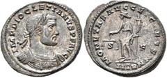 Roman Imperial Diocletian, 284-305. Follis (Silvered bronze, 29 mm, 10.28 g, 12 h), Treveri, circa 302-303. IMP DIOCLETIANVS P F AVG Laureate and cuirassed bust of Diocletian to right. Rev. MONETA•S•A