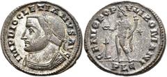 Roman Imperial Diocletian, 284-305. Follis (Silvered bronze, 27 mm, 9.38 g, 12 h), Lugdunum, circa 303-305. IMP DIOCLETIANVS AVG Laureate and cuirassed bust of Diocletian to left. Rev. GENIO POPVLI RO