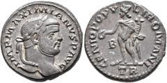 Roman Imperial Maximianus, first reign, 286-305. Follis (Silvered bronze, 25 mm, 8.87 g, 6 h), Treveri, circa 295. IMP MAXIMIANVS P AVG Laureate head of Maximianus to right. Rev. GENIO POPVLI ROMANI /