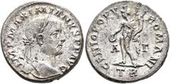 Roman Imperial Maximianus, first reign, 286-305. Follis (Silvered bronze, 25 mm, 9.04 g, 6 h), Treveri, circa 296-297. IMP MAXIMIANVS P F AVG Laureate head of Maximianus to right. Rev. GENIO POPVLI RO