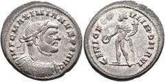 Roman Imperial Maximianus, first reign, 286-305. Follis (Silvered bronze, 28 mm, 8.88 g, 6 h), Londinium, circa 296-297. IMP C MAXIMIANVS P F AVG Laureate and cuirassed bust of Maximianus to right. Re