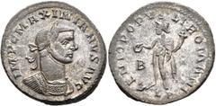 Roman Imperial Maximianus, first reign, 286-305. Follis (Silvered bronze, 28 mm, 8.55 g, 12 h), Lugdunum, circa 298. IMP C MAXIMIANVS P AVG Laureate and cuirassed bust of Maximianus to right. Rev. GEN