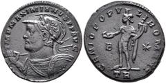 Roman Imperial Maximianus, first reign, 286-305. Follis (Bronze, 26 mm, 8.68 g, 12 h), Treveri, circa 298-299. IMP MAXIMIANVS P F AVG Laureate, helmeted and cuirassed bust of Maximianus to left, holdi