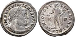 Roman Imperial Maximianus, first reign, 286-305. Follis (Silvered bronze, 27 mm, 9.46 g, 6 h), Treveri, circa 302-303. IMP MAXIMIANVS P F AVG Laureate and cuirassed bust of Maximianus to right. Rev. G