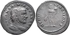 Roman Imperial Galerius, as Caesar, 293-305. Follis (Bronze, 28 mm, 9.83 g, 6 h), Londinium, circa 296. C VAL MAXIMIANVS NOB C Laureate head of Galerius to right. Rev. GENIO POPVLI ROMANI The Genius o