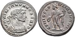 Roman Imperial Galerius, as Caesar, 293-305. Follis (Silvered bronze, 26 mm, 9.44 g, 6 h), Londinium, circa 296-303. MAXIMIANVS NOB CAES Laureate and cuirassed bust of Galerius to right. Rev. GENIO PO