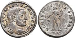 Roman Imperial Galerius, as Caesar, 293-305. Follis (Silvered bronze, 27 mm, 12.22 g, 12 h), Treveri, circa 298-299. MAXIMIANVS NOB CAES Laureate head of Galerius to right. Rev. GENIO POPVLI ROMANI / 