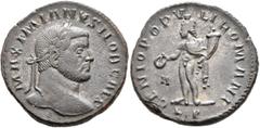 Roman Imperial Galerius, as Caesar, 293-305. Follis (Silvered bronze, 26 mm, 8.76 g, 6 h), Lugdunum, circa 298. MAXIMIANVS NOB CAES Laureate head of Galerius to right. Rev. GENIO POPVLI ROMANI / A / L