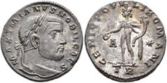 Roman Imperial Galerius, as Caesar, 293-305. Follis (Silvered bronze, 26 mm, 8.32 g, 6 h), Treveri, circa 298-299. MAXIMIANVS NOBIL CAES Laureate head of Galerius to right. Rev. GENIO POPVLI ROMANI / 