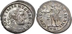 Roman Imperial Galerius, as Caesar, 293-305. Follis (Silvered bronze, 29 mm, 9.42 g, 6 h), Treveri, circa 302-303. MAXIMIANVS NOBIL C Laureate, draped and cuirassed bust of Galerius to right. Rev. GEN