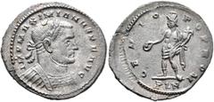 Roman Imperial Galerius, 305-311. Follis (Silvered bronze, 28 mm, 7.09 g, 7 h), Londinium, circa May-end of November 307. IMP MAXIMIANVS P F AVG Laureate and cuirassed bust of Galerius to right. Rev. 