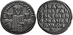 Byzantine Basil I the Macedonian, with Constantine and Leo VI, 867-886. Follis (Bronze, 27 mm, 9.93 g, 6 h), Constantinopolis, 870-879. + LЄOҺ bASIL COҺST AЧGG Facing half-length figures of Basil in c