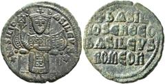 Byzantine Basil I the Macedonian, 867-886. Follis (Bronze, 26 mm, 7.21 g, 12 h), Constantinopolis, 879-886. +bASILIOS bASILЄVS✱ Basil I, seated facing on throne, wearing crown surmounted by a cross an