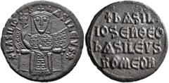 Byzantine Basil I the Macedonian, 867-886. Follis (Bronze, 25 mm, 7.14 g, 6 h), Constantinopolis, 879-886. +bASILIOS bASILЄVS✱ Basil I, seated facing on throne, wearing crown surmounted by a cross and