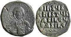 Byzantine Anonymous Folles, time of Basil II & Constantine VIII, circa 976-1025. Follis (Bronze, 25 mm, 10.39 g, 6 h), Constantinopolis. +ЄMMANOVHΛ Nimbate bust of Christ facing, wearing tunic and pal