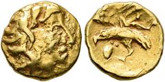 Celtic NORTHWEST GAUL. Carnutes. 1st century BC. 1/8 Stater (Gold, 9 mm, 0.92 g, 6 h), 'à l'aigle' type. Celticized head of Apollo to right. Rev. Eagle with spread wings standing left; to left, uncert