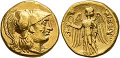 Celtic LOWER DANUBE OR GALATIA (?). Uncertain tribe, early to mid 3rd century BC. Stater (Gold, 20 mm, 6.77 g, 10 h), imitating an issue of Alexander III from Amphipolis. Head of Athena to right, wear