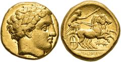 Greek KINGS OF MACEDON. Philip II, 359-336 BC. Stater (Gold, 16 mm, 8.60 g, 1 h), Pella, struck under Antipater or Polyperchon under Philip III, circa 323-318/7. Laureate head of Apollo to right. Rev.