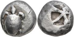 Greek ISLANDS OFF ATTICA, Aegina. Circa 525-480 BC. Stater (Silver, 17 mm, 12.09 g). Sea turtle seen from above, head in profile. Rev. Incuse square of 'Union Jack' pattern with five incuse and three 