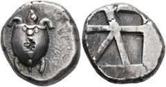 Greek ISLANDS OFF ATTICA, Aegina. Circa 480-457 BC. Stater (Silver, 21 mm, 12.39 g). Sea turtle with line of pellets down the back of its shell. Rev. Square incuse with large skew pattern. Meadows, Ae