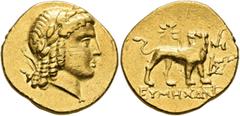 Greek IONIA. Miletos. Circa 130-120 BC. Stater (Gold, 20 mm, 8.51 g, 12 h), Attic standard, Eumechanos, magistrate. Laureate head of Apollo to right, with bow and quiver over his left shoulder. Rev. E