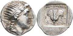 Greek ISLANDS OFF CARIA, Rhodos. Rhodes. Circa 125-88 BC. Drachm (Silver, 15 mm, 2.12 g, 12 h), 'Plinthophoric' coinage, Menodoros, magistrate. Radiate head of Helios to right. Rev. ΜΗΝΟΔΩΡ / P - O Ro