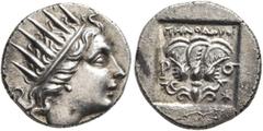 Greek ISLANDS OFF CARIA, Rhodos. Rhodes. Circa 88-84 BC. Drachm (Silver, 15 mm, 2.45 g, 12 h), 'Plinthophoric' coinage, Menodoros, magistrate. Radiate head of Helios to right. Rev. ΜΗΝΟΔΩΡΟΣ / P - O R