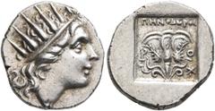 Greek ISLANDS OFF CARIA, Rhodos. Rhodes. Circa 88-84 BC. Drachm (Silver, 15 mm, 2.38 g, 12 h), 'Plinthophoric' coinage, Menodoros, magistrate. Radiate head of Helios to right. Rev. ΜΗΝΟΔΩΡΟΣ / P - O R