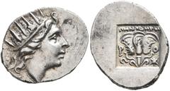 Greek ISLANDS OFF CARIA, Rhodos. Rhodes. Circa 88-84 BC. Drachm (Silver, 18 mm, 2.34 g, 11 h), 'Plinthophoric' coinage, Menodoros, magistrate. Radiate head of Helios to right. Rev. ΜΗΝΟΔΩΡΟΣ / P - O R