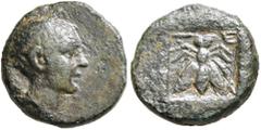 Greek LYCIA. Telmessos. 2nd-1st century BC. Chalkous (Bronze, 12 mm, 1.60 g, 12 h). Head of Hermes to right, wearing petasos. Rev. T-E Bee; all within incuse square. BMC 2. SNG Copenhagen 315. Light c