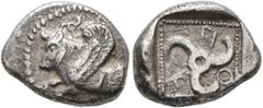 Greek DYNASTS OF LYCIA. Kuprilli, circa 470/60-440/35 BC. Tetrobol or Third Stater (Silver, 14 mm, 2.69 g, 12 h), uncertain mint. Forepart of a winged bull to left; above, triskeles. Rev. 𐊋-𐊒-𐊓 ('k