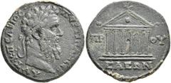 Roman Provincial BITHYNIA. Prusa ad Olympum. Pertinax, 193. Triassarion (Bronze, 28 mm, 13.15 g, 7 h). AYT K Π ЄΛBIOC ΠЄPTINAΞ CЄB Laureate head of Pertinax to right. Rev. ΠP-OY/CAEΩN Hexastyle temple