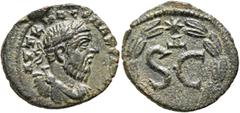 Roman Provincial SYRIA, Seleucis and Pieria. Antioch. Macrinus, 217-218. Assarion (Bronze, 19 mm, 3.00 g, 12 h). AYT K M O CЄ MAKPINO[C CЄ] Laureate, draped and cuirassed bust of Macrinus to right. Re