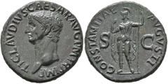 Roman Imperial Claudius, 41-54. As (Copper, 29 mm, 11.81 g, 6 h), Rome, 41-42. TI CLAVDIVS CAESAR AVG P M TR P IMP Bare head of Claudius to left. Rev. CONSTANTIAE AVGVSTI / S - C Constantia, helmeted 