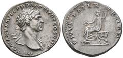 Roman Imperial Trajan, 98-117. Denarius (Silver, 19 mm, 3.35 g, 6 h), Rome, 112-113. IMP TRAIANVS AVG GER DAC P M TR P COS VI P P Laureate head of Trajan to right, with slight drapery on his left shou