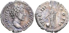 Roman Imperial Marcus Aurelius, as Caesar, 139-161. Denarius (Silver, 18 mm, 3.21 g, 6 h), Rome, circa 148-149. AVRELIVS CAESAR AVG PII F Bare head of Marcus Aurelius to right. Rev. TR POT III COS II 