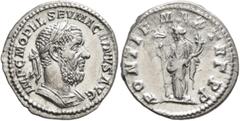 Roman Imperial Macrinus, 217-218. Denarius (Silver, 19 mm, 3.31 g, 6 h), Rome, summer 217-early 218. IMP C M OPEL SEV MACRINVS AVG Laureate and cuirassed bust of Macrinus to right. Rev. PONTIF MAX TR 