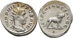 Roman Imperial Philip I, 244-249. Antoninianus (Silver, 23 mm, 4.27 g, 8 h), Rome, 248. IMP PHILIPPVS AVG Radiate, draped and cuirassed bust of Philip I to right, seen from behind. Rev. SAECVLARES AVG