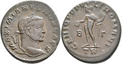 Roman Imperial Galerius, as Caesar, 293-305. Follis (Bronze, 27 mm, 9.51 g, 6 h), Treveri, 296-297. MAXIMINIANVS NOB CAES Laureate head of Galerius to right. Rev. GENIO POPV-LI ROMANI / B - Γ / TR The