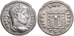 Roman Imperial Galerius, as Caesar, 293-305. Argenteus (Silver, 20 mm, 3.13 g, 12 h), Thessalonica, 302. MAXIMIA-NVS NOB C Laureate head of Galerius to right. Rev. VIRTV-S MI-LITVM / TS•Γ• Campgate wi